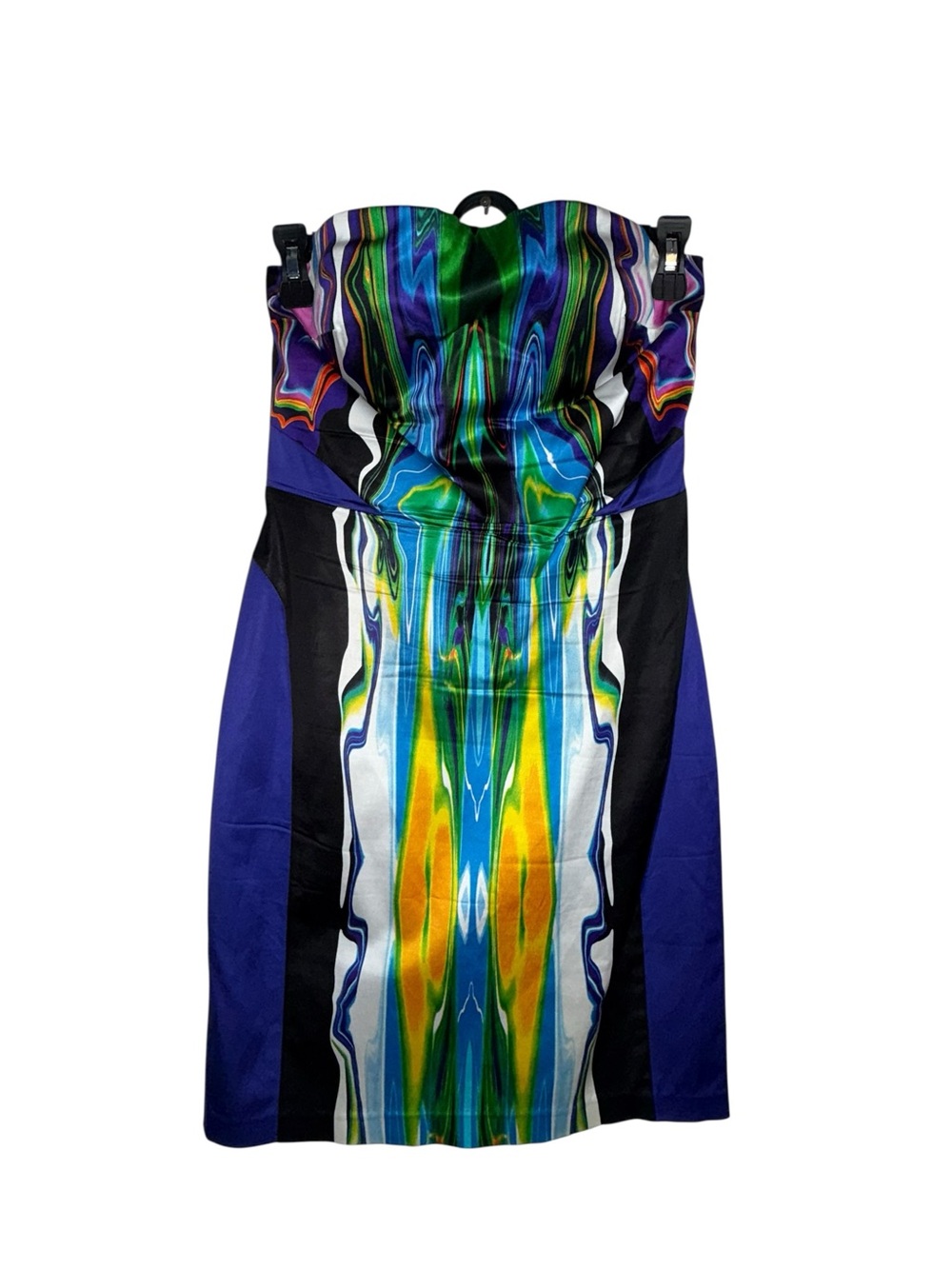 bebe Strapless Bodycon Dress S Abstract Print Purple Black Color Block Party